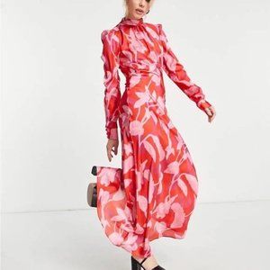 ASOS Design High Neck Maxi Satin Tea Dress Large Red Based Pink Floral Dress